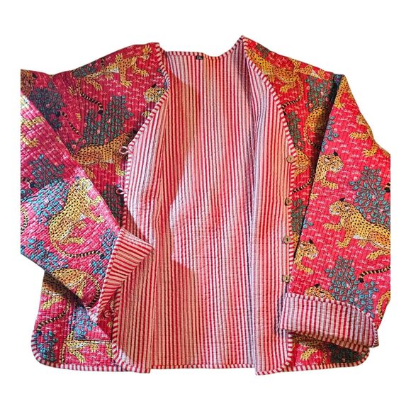 Artisan screen-print quilted jacket, jungle leopards, 100 % cotton, reversible - Picture 2 of 14